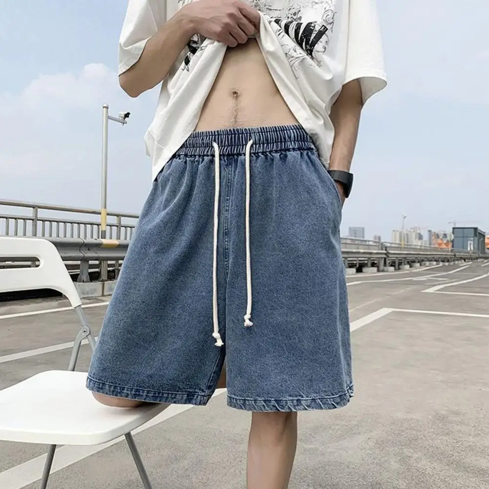 Casual Men Denim Shorts Elastic Waistband Men's Denim Shorts Adjustable Drawstring Casual Loose Fit with Wide Leg Stylish for A