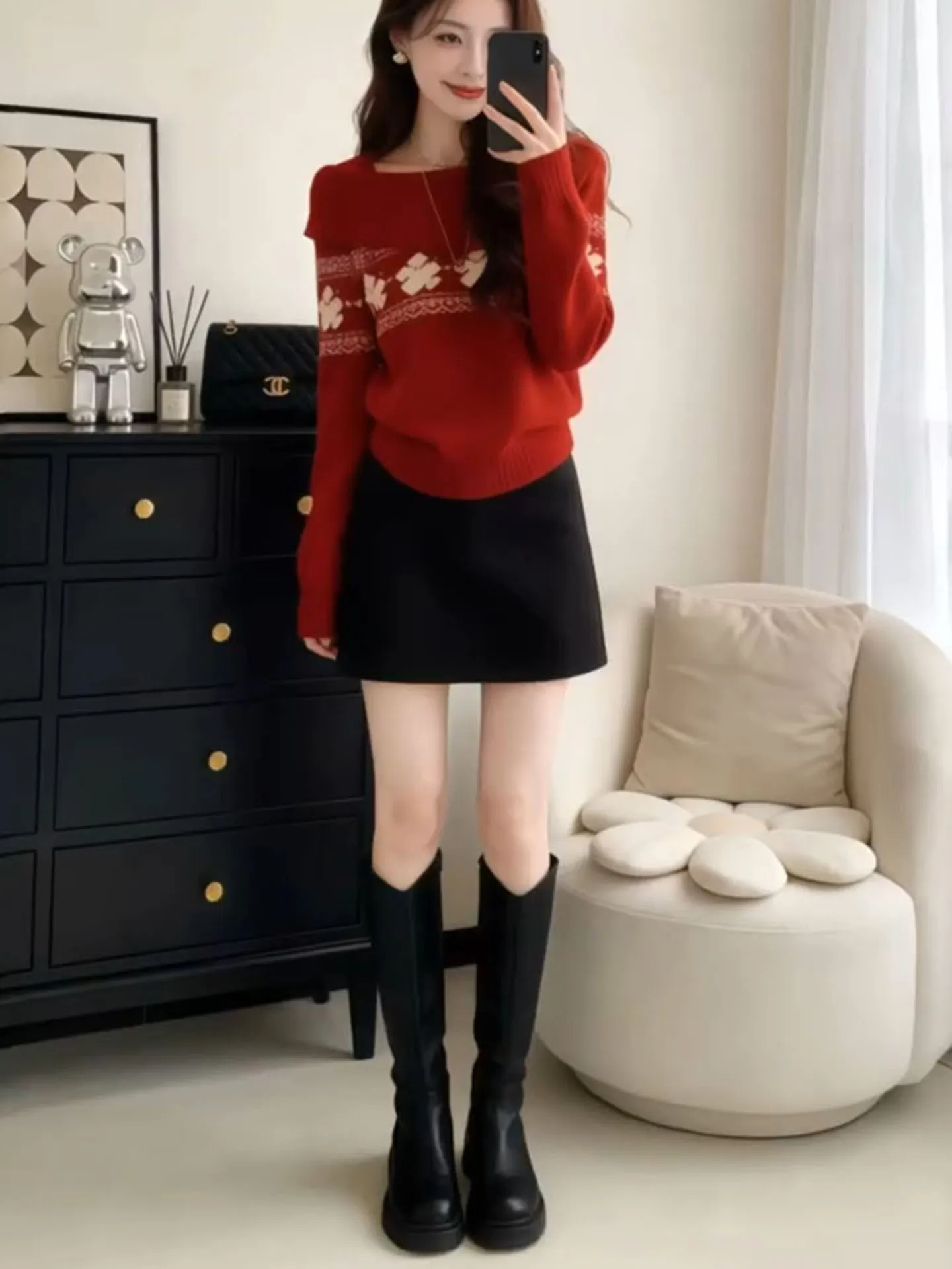 

New Year's Battle Dr Set Women's Early Spring Fair Isle oulder Bared Color Blo Knitwear Red Sweater Elastic Slimming