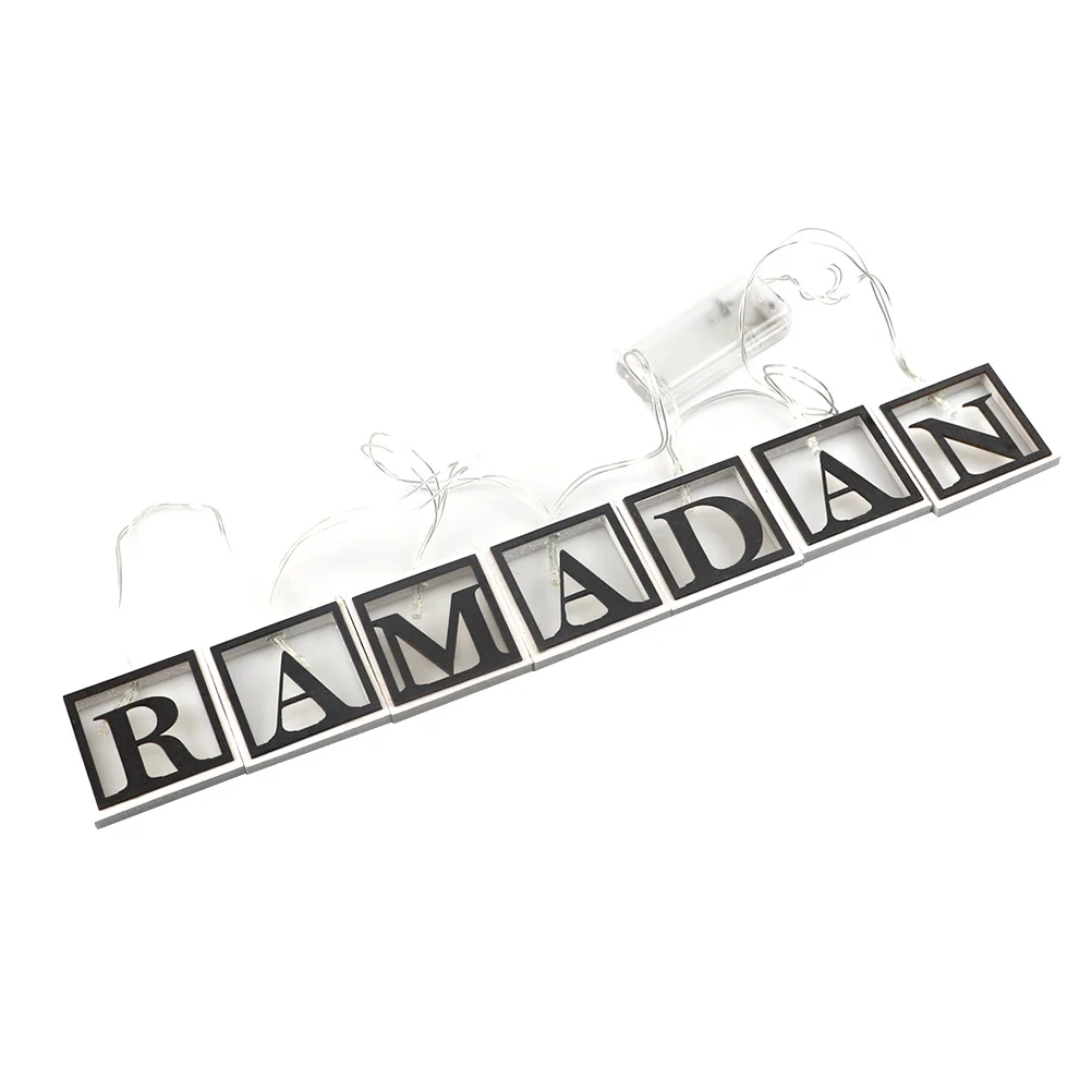 1Set LED Decorative String Lights Wooden Pendants Ramadan Eid Corban Islam Festival Decor Reusable Black White