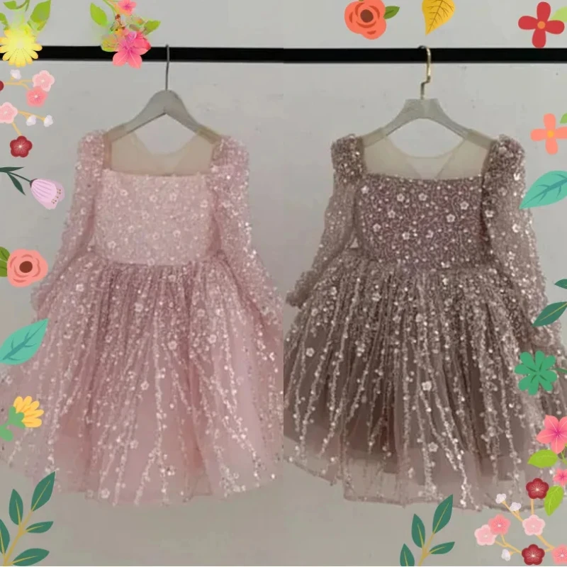 

Children Birthday Evening Party Matching Girls Elegant Shinny Sequin Princess Ball Gown Long Sleeve Formal Dresses Kids