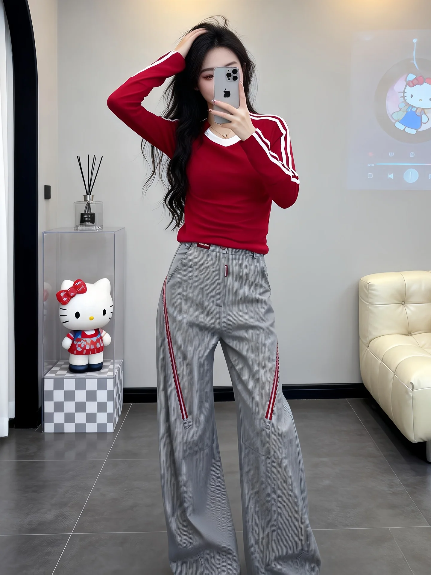 

Повседневные брюки в гонконгском стиле, женские брюки с высокой талией, прямые широкие брюки с вертикальными полосками, универсальные модные брюки свободного кроя