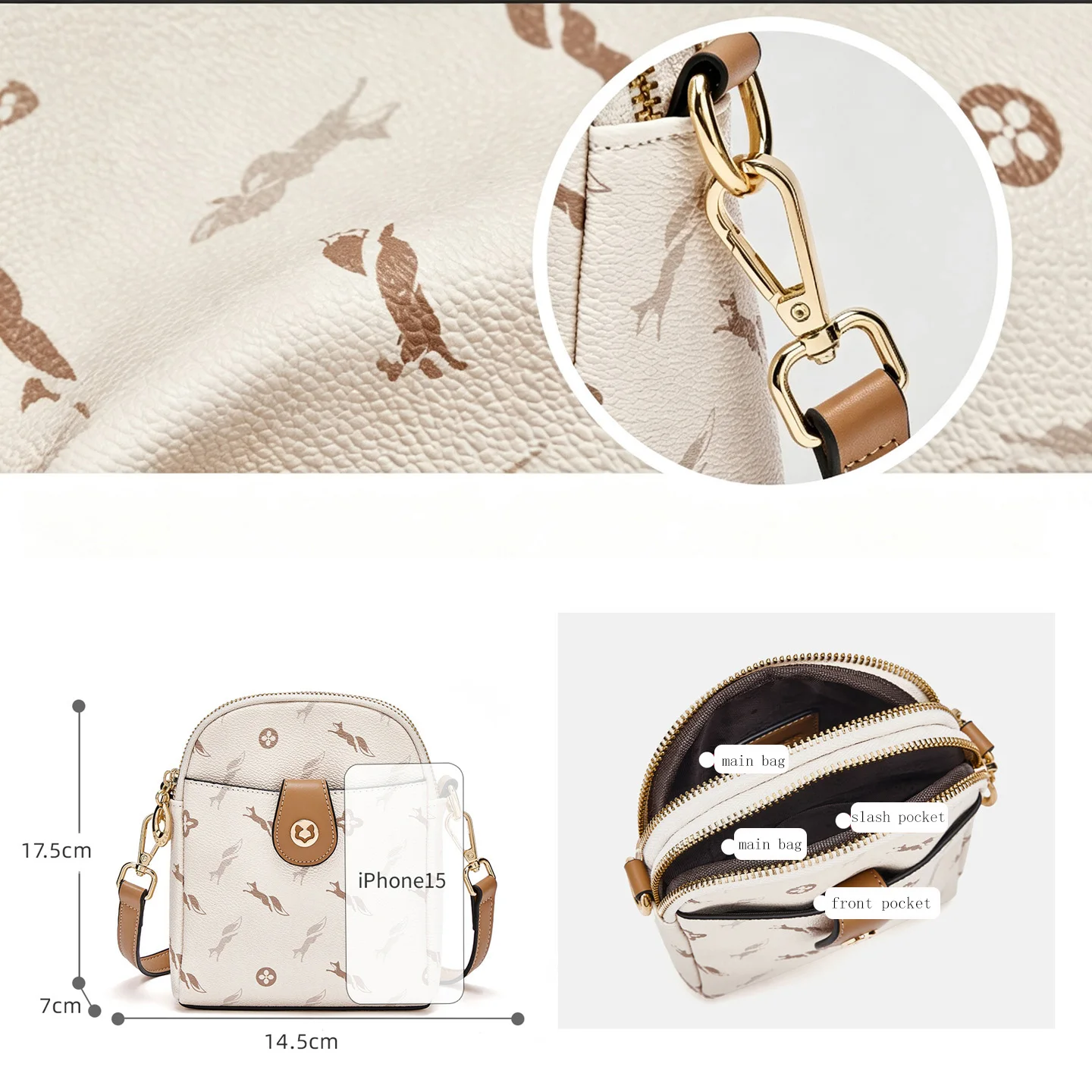 FOXER 2026 New Women Mini Shoulder Bag PVC Fox Monogram Print Adjustable Strap Crossbody Bag Ladies Phone Purse Daily Handbag