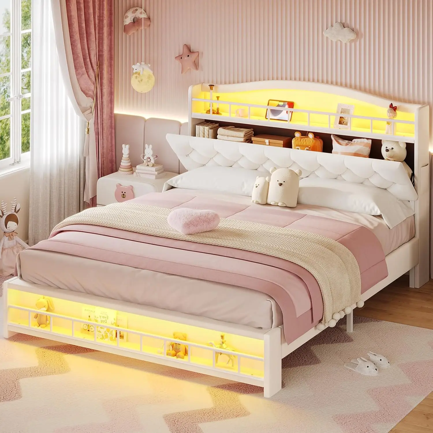 

Full Size Upholstered Girl Bed With Led Lights & Charging Station, Princ Platform Bed With Hidden Storage Headboard, No Box
