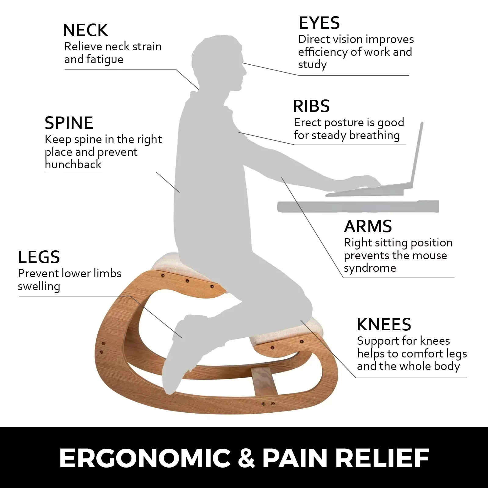 VEVOR Ergonomischer Kniestuhl, Hocker, dickes Kissen, Heimbürostuhl, Verbesserung der Körperhaltung, Schaukelstuhl aus Holz, Knie-Computerstuhl