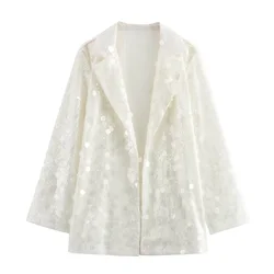 Tangada 2024 Women Beading Decorate Blazer Coat Long Sleeve Pockets Female Suit QD0131