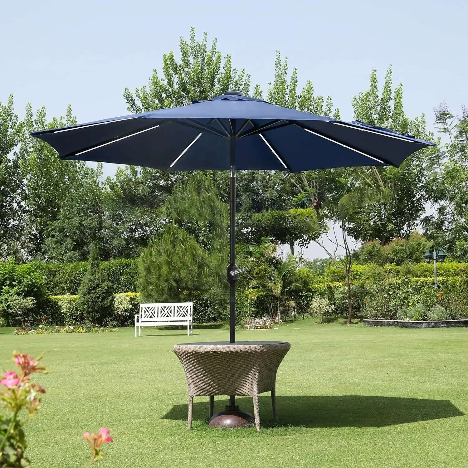 10FT LED Solar Patio Umbrella Outdoor Market Umbrella With Crank Garden Sunshade Parasol Umbrella