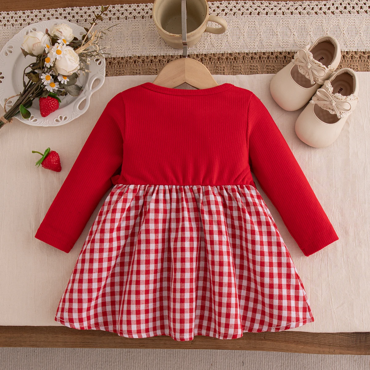 Baby Girl Dress Spring And Autumn Cotton Bow Plaid Strawberry Long Sleeved Baby Dress Cartoon Cute Princess Dress Baby Clothing