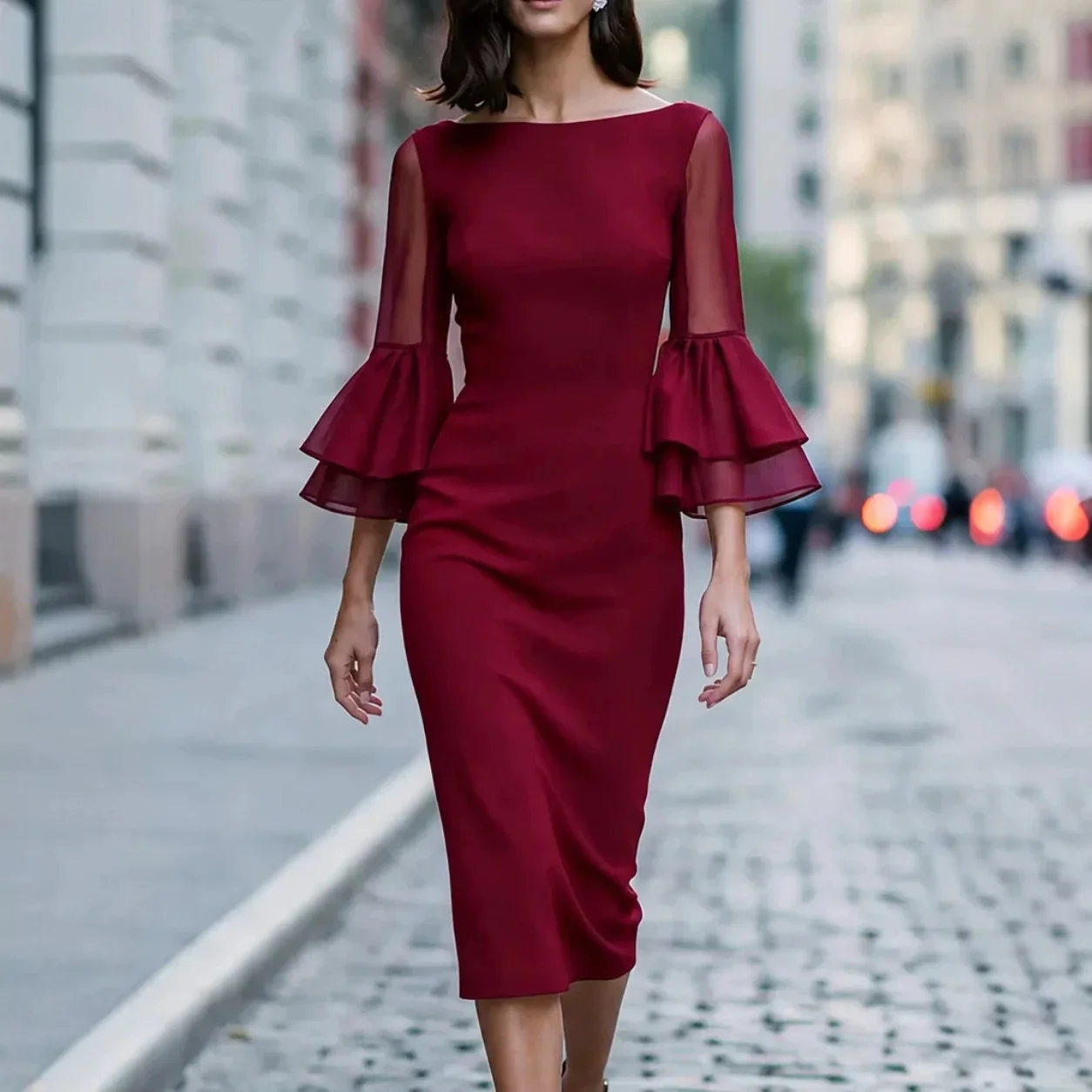 Boat Neck Sheer Mesh Double Layer Flare Three Quarter Sleeve Slim Pencil Dress 2026 Spring Autumn Women Elegant Solid Midi Dress