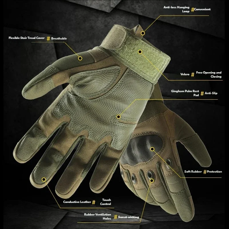 CHRLCK Anti-Scratch Cycling Tactics Gloves Men Wear-resistant Full Finger Hiking Gloves Non-Slip Touchscreen Motorcycle Gloves