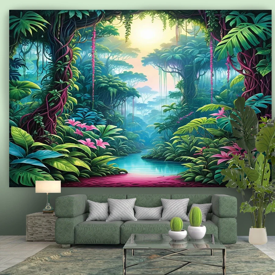 1PC Tropical Jungle River Art Print Backdrop Banner, Bedroom Living Room Photo Background, Polyester, Home Decor, Wall Art