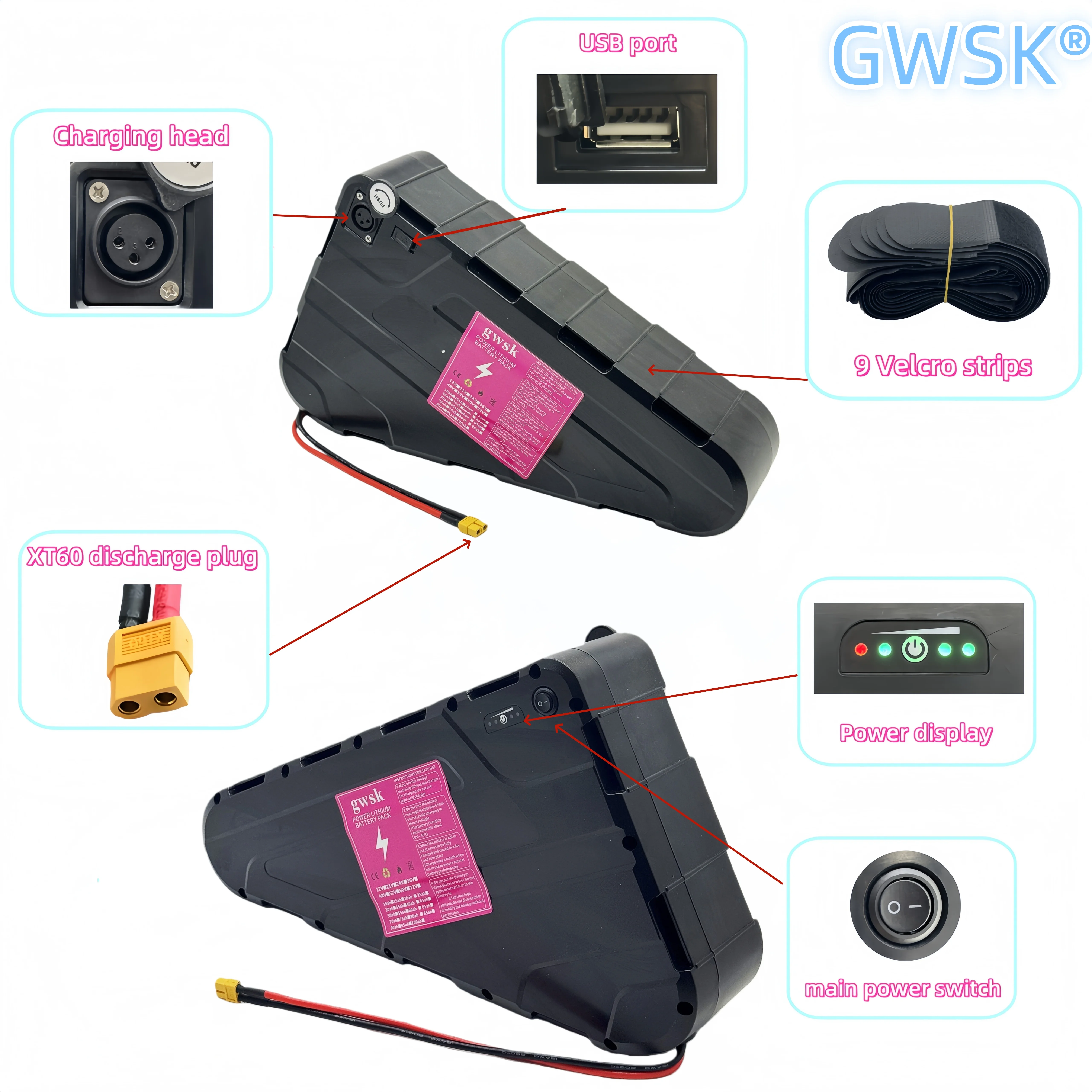 شحن جوي 52 فولت، 48 فولت/36 فولت سعة كبيرة مقاوم للماء غلاف صلب بطارية كهربائية قوية 350W500W750W1000W بطارية مثلثة