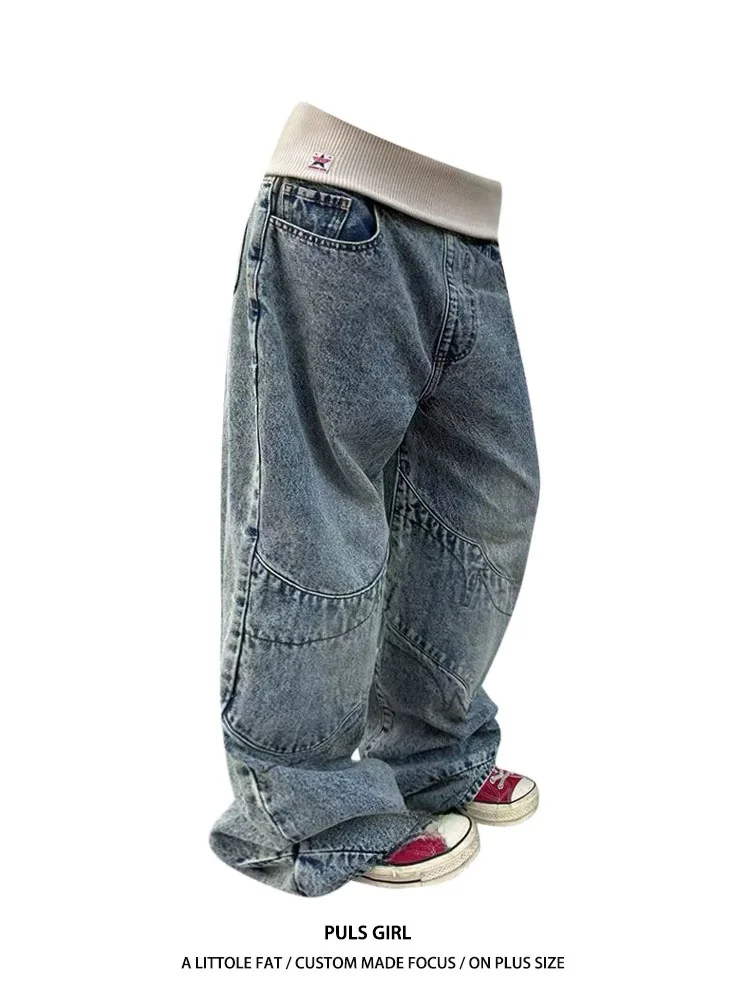 

Джинсы женские свободного кроя в американском стиле High Street, больших размеров, с эффектом потертости, прямые, повседневные, с высокой талией, широкие штанины