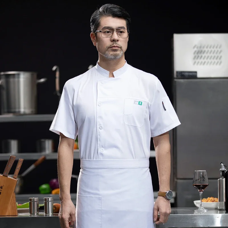 Chaquetas de Chef de manga corta para cocina, uniforme de Chef para restaurante, camisa con logotipo personalizado, servicio de panadería, vestido de Chef transpirable, delantal blanco para hombres