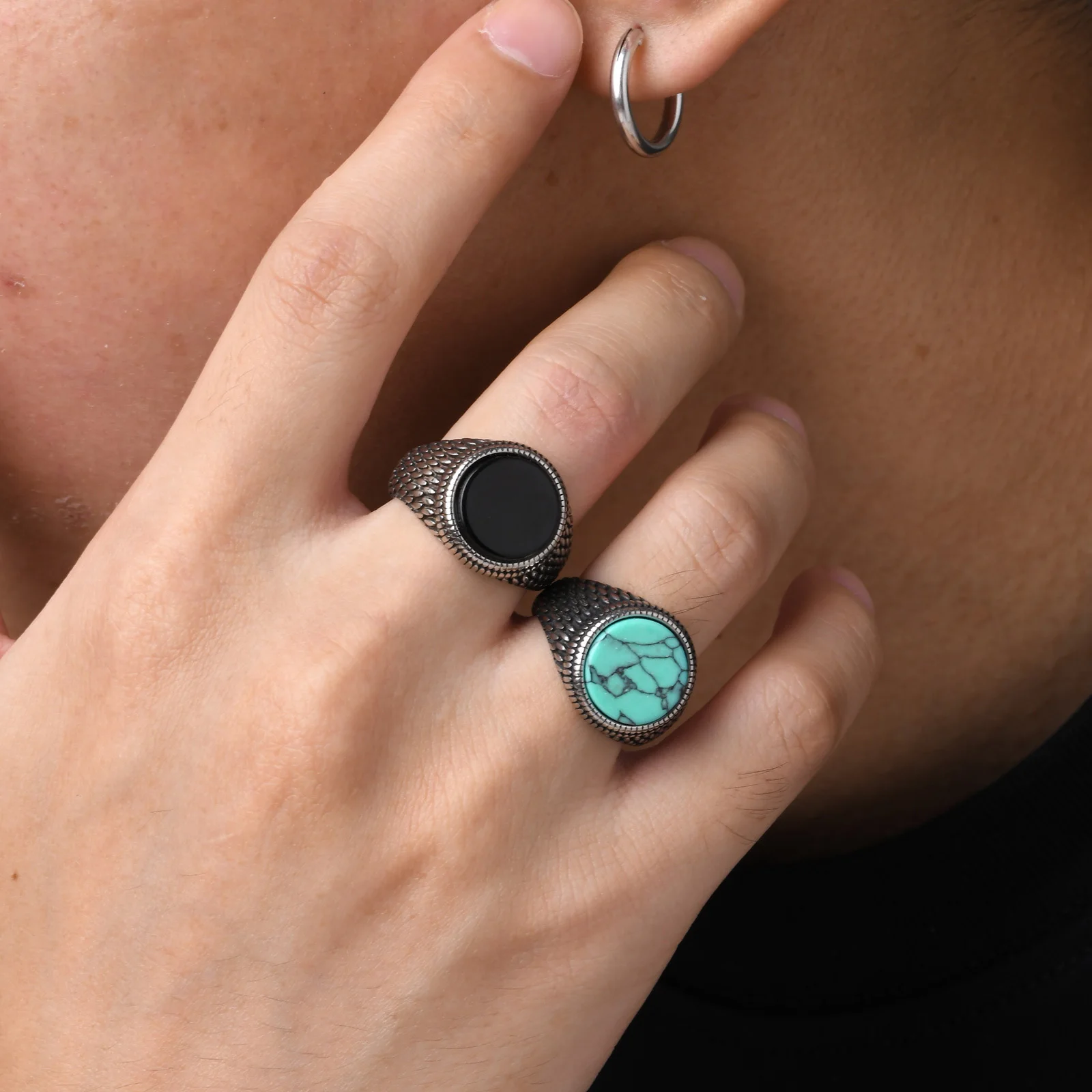 Punk Round Gemstone Rings,Stainless Steel Scales Ring Band Finger,Stylish Hiphop Signet Ring Jewelry Gift for Him Boys