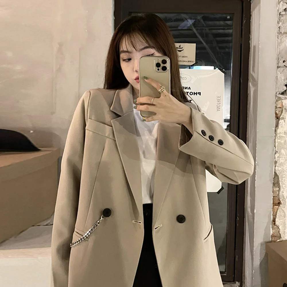 2023 Spring Autumn New Suit Jacket Women\'s Trendy Dark Black Retro Loose Street Blazers Women Vintage Chain Casual Coats Ladies