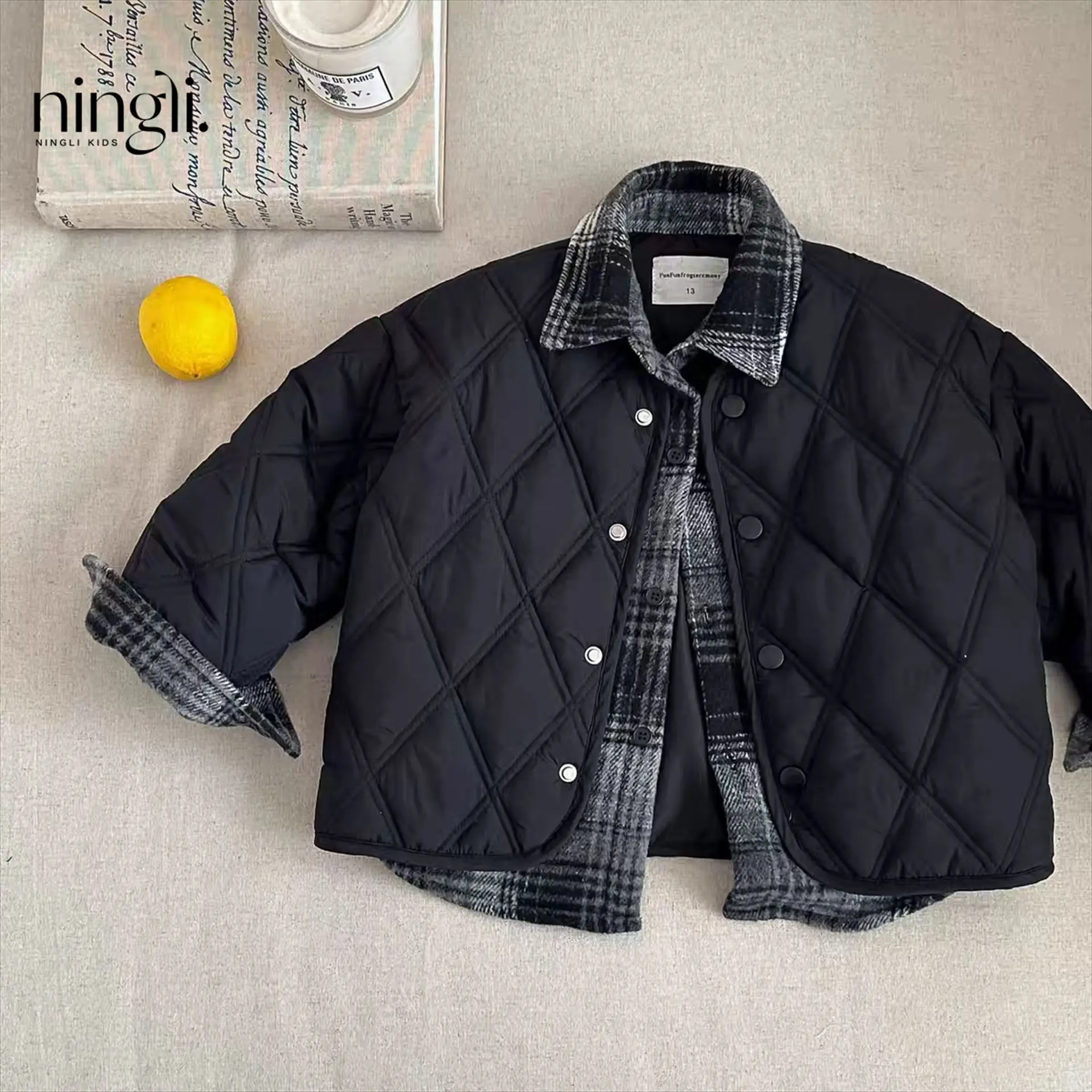 Winter Boys' Down Cotton Jacket korean  Children's Plaid Splicing Turn Down Collar Warm Coats Casual Kids Black Cotton Clothes