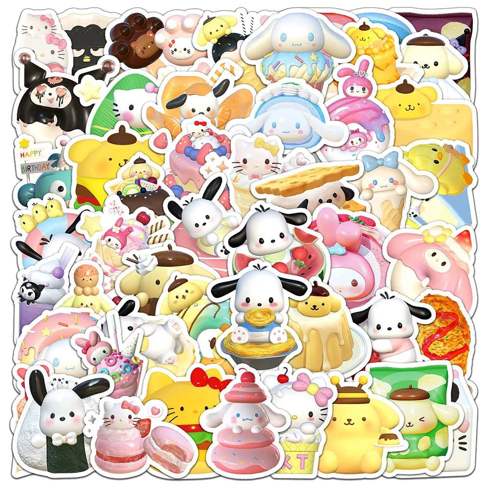 

10/30/50PCS Kawaii 3D Cartoon Food Sanrio Stickers Aesthetic Hello Kitty Pochacco Cinnamoroll Anime Decals Toys DIY Diary Fridge