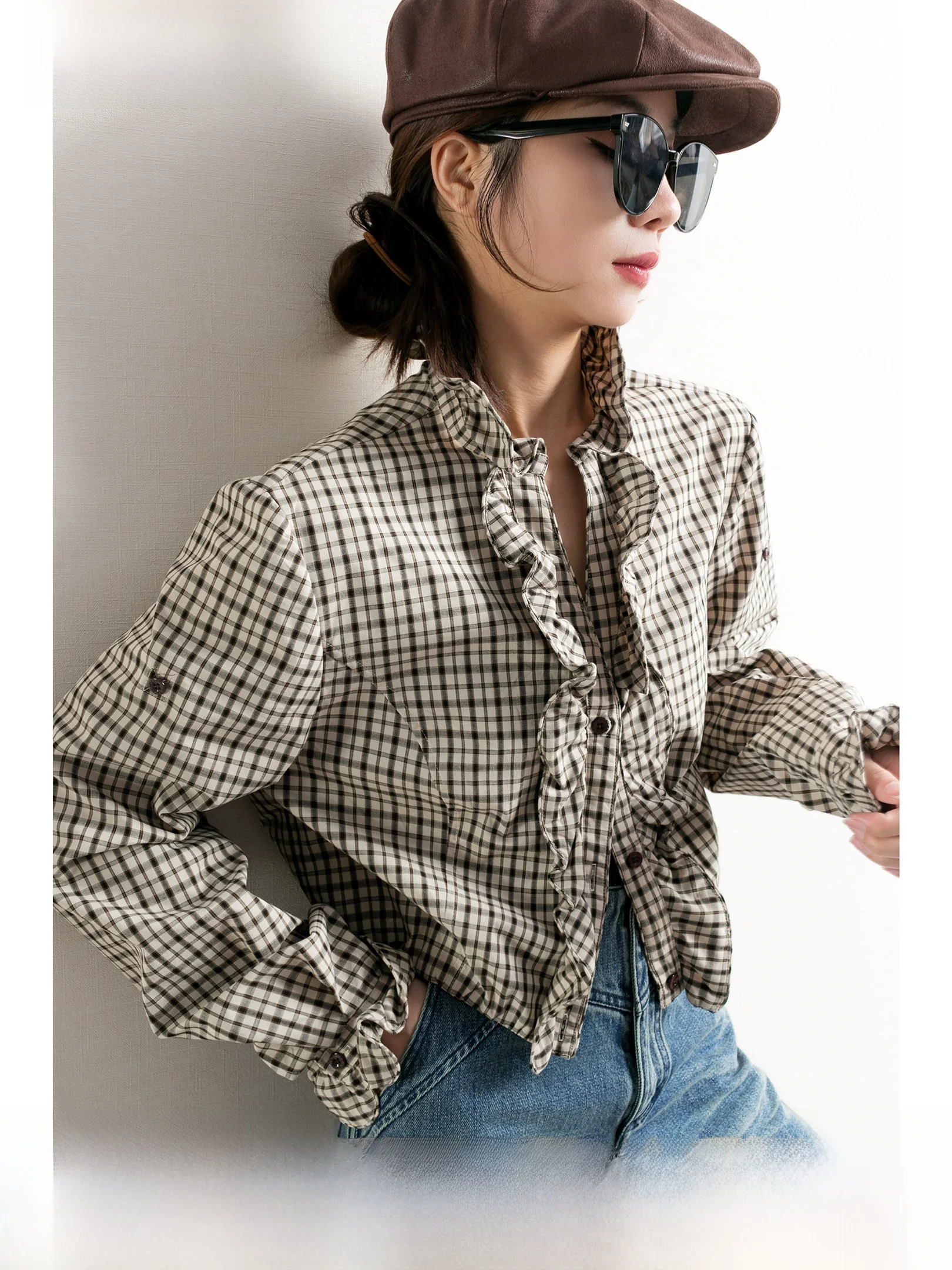 

TidepPA Vintage Women's Plaid irt ort French Sle T Cotton Polyester Blend Long Sve Button up Spring Autumn