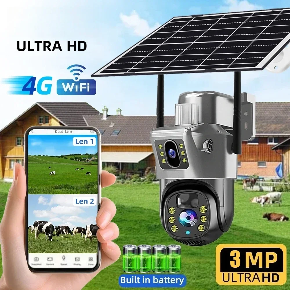 Dual Screen 3MP WiFi Solar Camera 4G Dual Lens Batterij WiFi PTZ Cam Human Auto Tracking Bewegingsdetectie Beveiliging IP-camera's