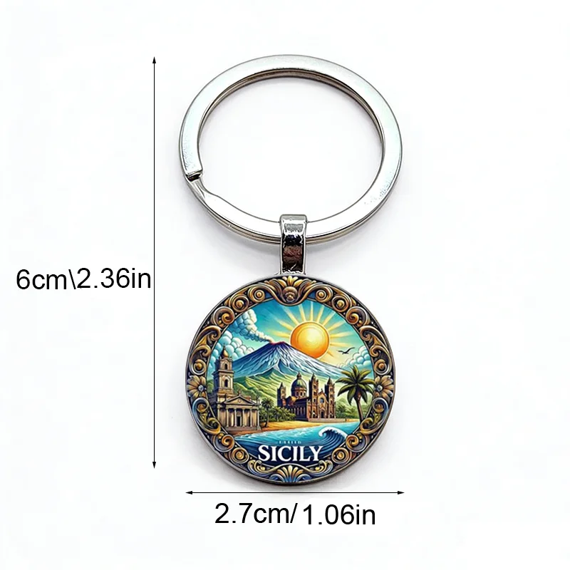 Hot selling exquisite sunrise landscape pattern circular glass alloy keychain pendant