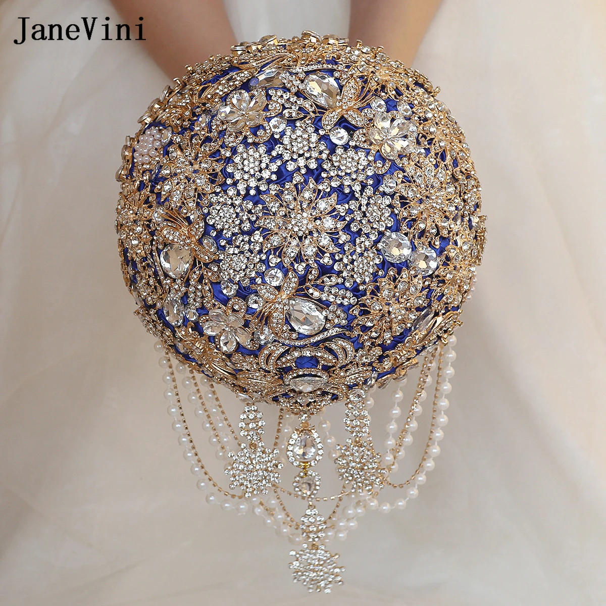 

Свадебный букет JaneVini 2026: Искусственные сатиновые розы королевского синего цвета с жемчугом и кисточками, украшенные сверкающими кристаллами, для невесты