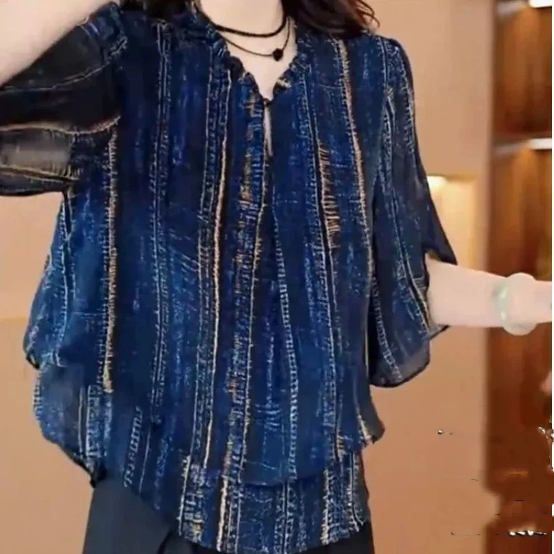 

Bohemian Style Women Blouse With Distressed Striped Design Loose Fit Flying Sleeve V Neck Summer Casual Top