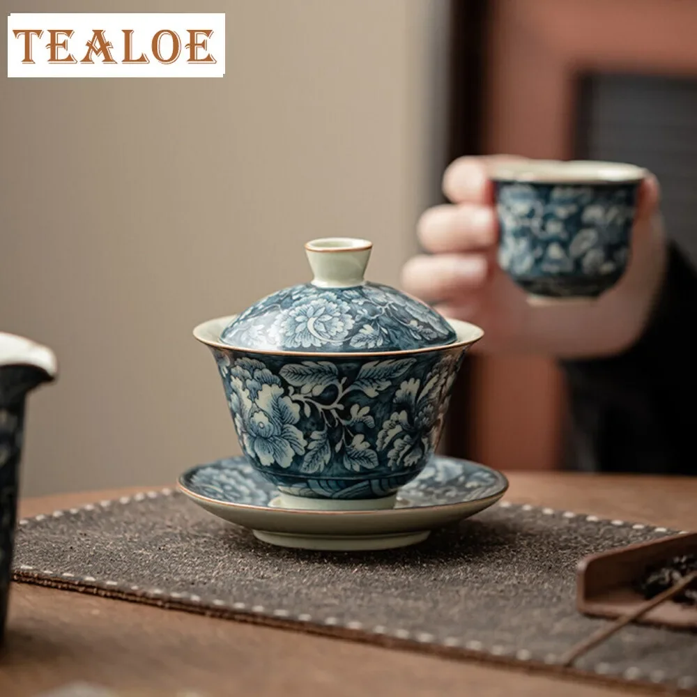 

100 мл антикварная печь Ru Gaiwan, эстетические цветущие цветы, три таланта, чайная подставка, чайник, крышка, чаша, китайские украшения для набора чая