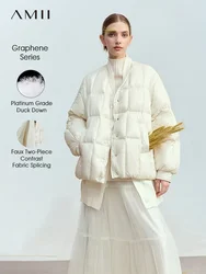 AMII 2024 Winter New Women's Shoulder Sleeves Thickened Collision Material Splicing Wool Fake Two-piece Down Jacket 12444054