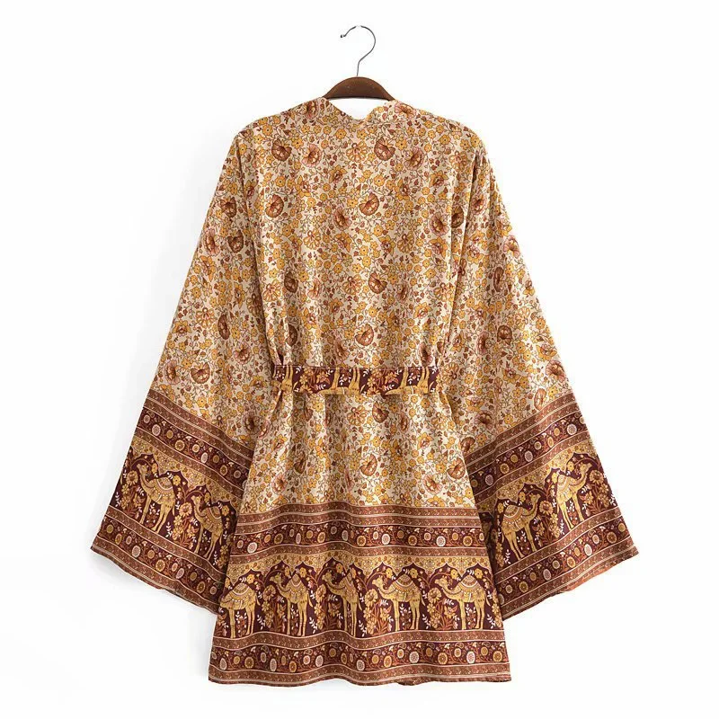 

Cotton Beach Kimono Women Print Floral Vintage Slim Women Blusas With Sashes Big Sleeve Oversized Bikini Cover Up