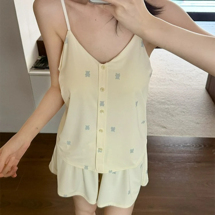 Button Ice Leather Suspender Shorts with Chest Pad Pajamas Women's Summer New Ice Silk Suit Adjustable Loungewear