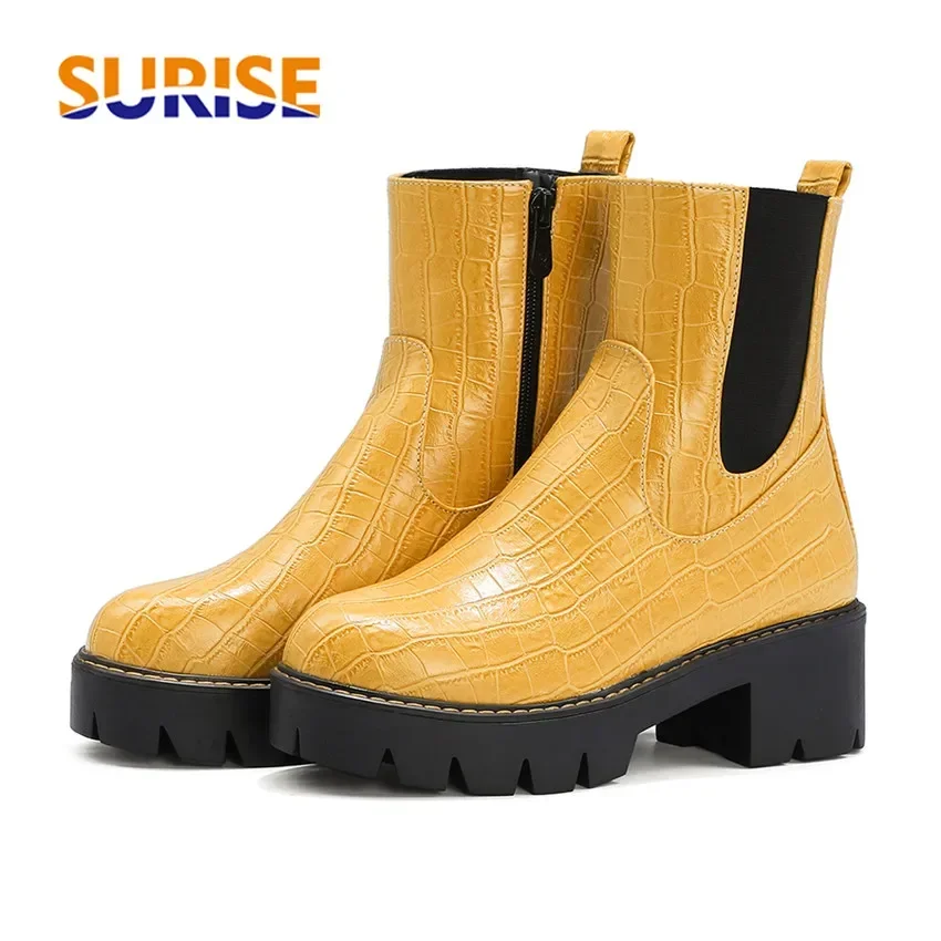 British Platform Chelsea Boots Women High Thick Heels Winter Silver Yellow Crocodile Print Party Office Ladies Zipper Ankle Boot