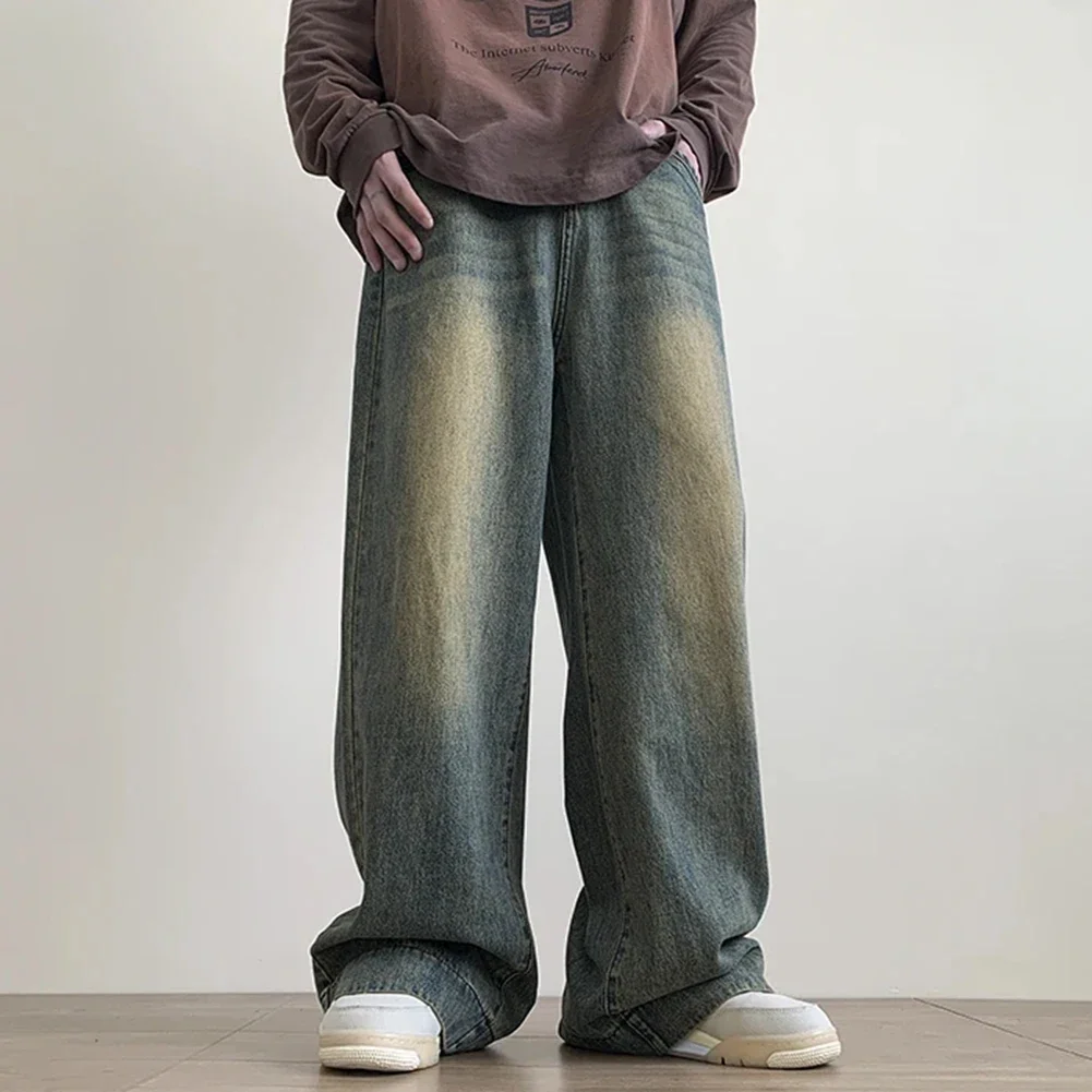 

Mens Distressed Vintage Blue Jeans Wide-leg Trousers Streetwear Fashion Pants Korean Style Jeans For Men Baggy Harem Trousers