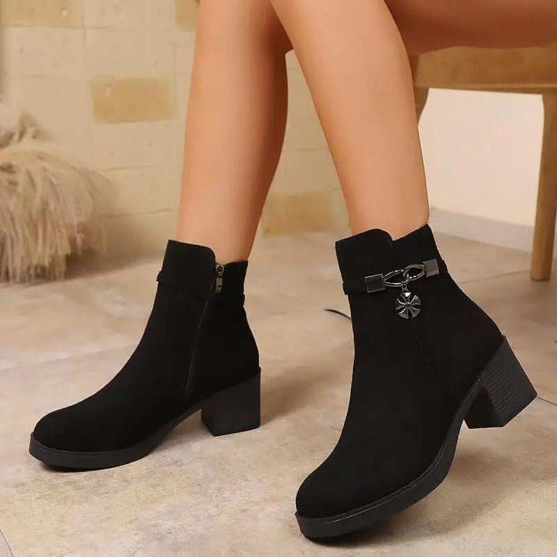 

Comfort Thick Heel Black Suede Ankle Boots Women 2025 Autumn Metal Decoration High Heel Chelsea Boots Side Zip Short Booties 42