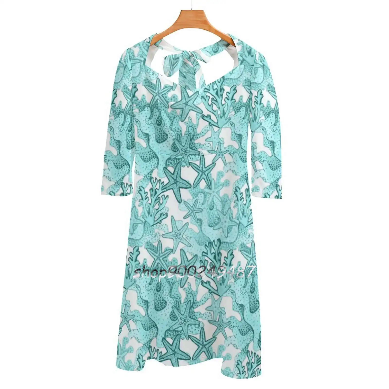 

Starfish Watercolor Aqua Coral Reef , Ocean Home Decor Square Neck Dress Sweet Summer Dress Women Elegant Halter Print Dress