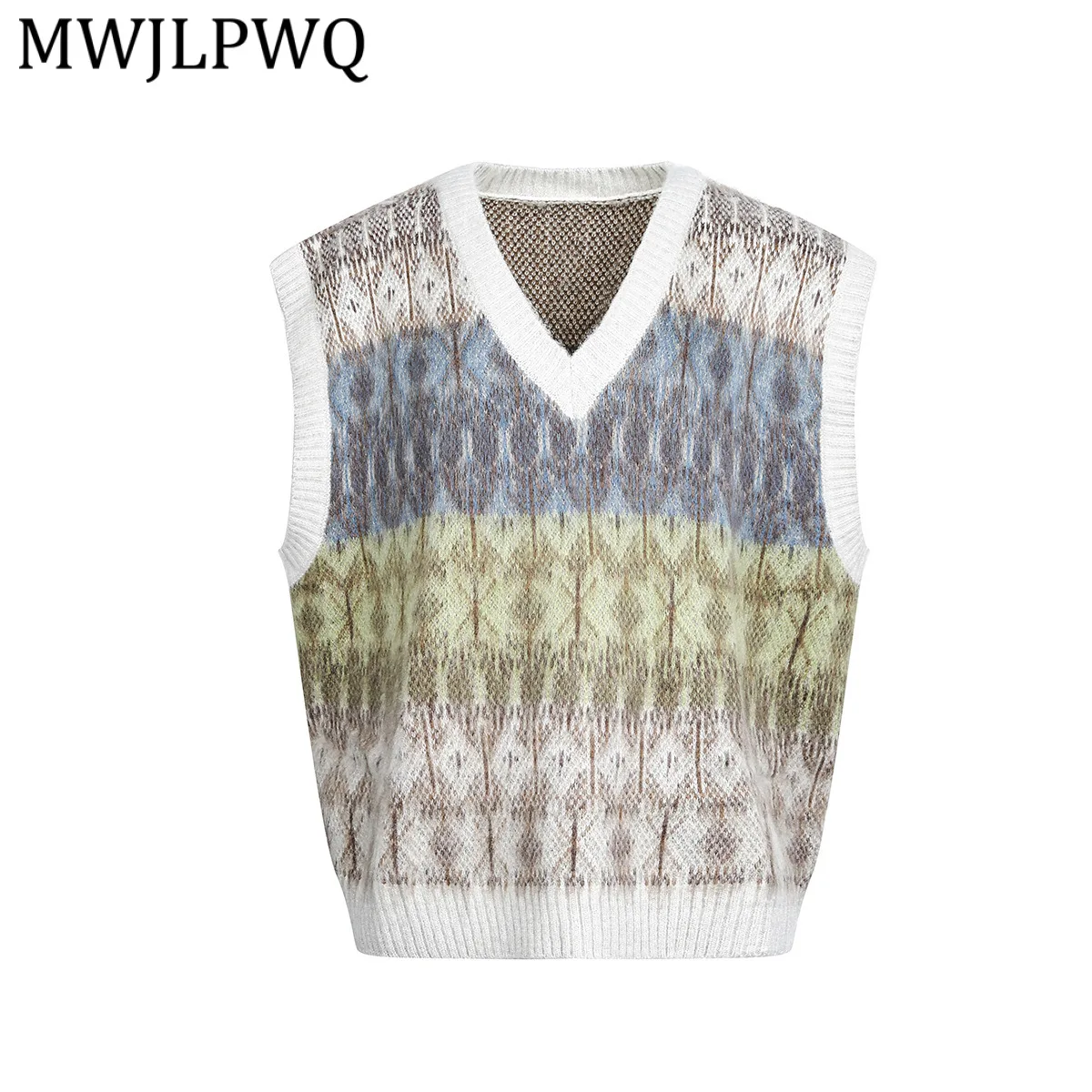 

Мужской вязаный жилет MWJLPWQ с цветным дизайном, V-образным вырезом, из шерсти, в уличном стиле, новый тренд, повседневный, для пар, топы 22034