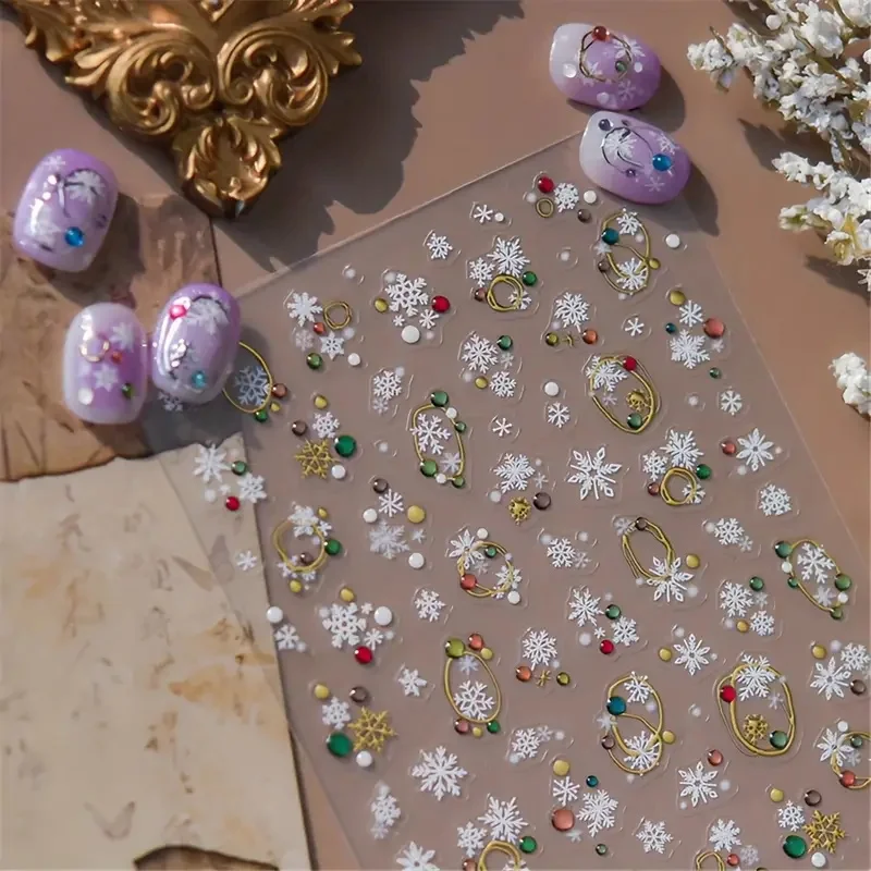 สติ๊กเกอร์ติดเล็บลายเกล็ดหิมะสีขาว 5D สำหรับคริสต์มาส 1 ชิ้น วงกลมสีทองเงิน พร้อมไฟเจลหลากสี สติ๊กเกอร์ติดเล็บวิบวับสำหรับทำเล็บช่วงเทศกาล