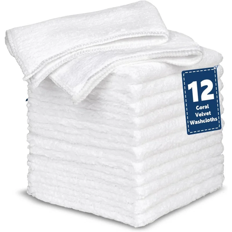 

Coral Velvet Microfiber Washcloths 12 Pack, Highly Absorbent and Soft Face Towel, Multi-Purpose White Bath Towels for Bathroom
