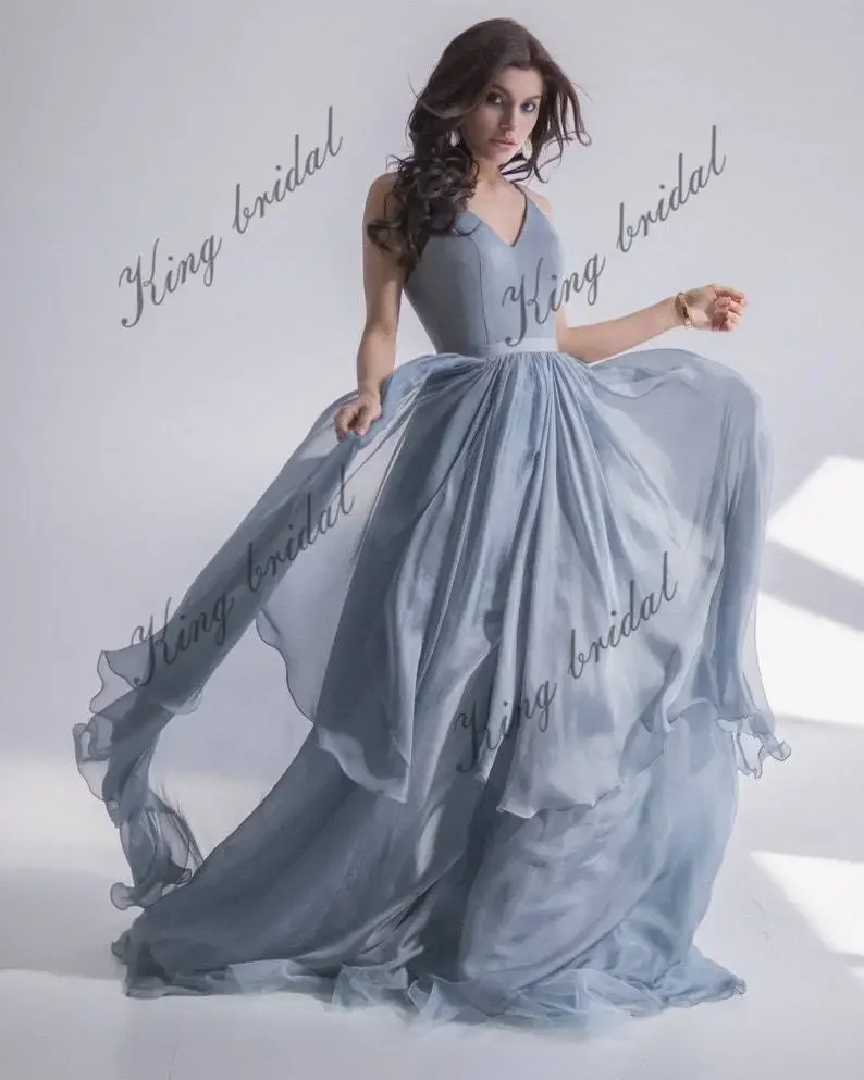 カスタムメイドシルクブルーとグレーのボーン入りシフォンウェディングドレス、モダンなウェディングドレス、プロムパーティードレス、フォーマルドレス、エレガントな女性用ドレス