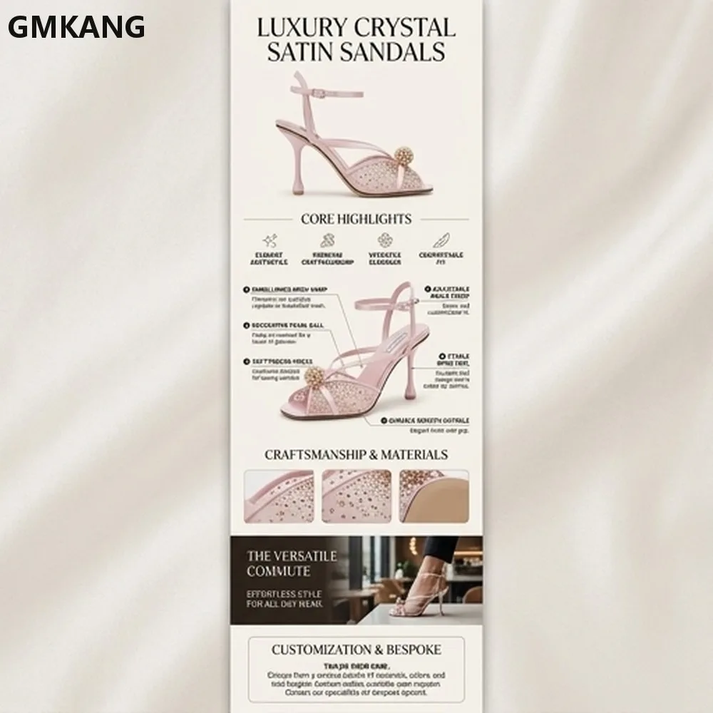 Women's Satin 95mm Heels Crystal Mesh Sandals Open Toe Evening Party Dress Shoes GMKANG