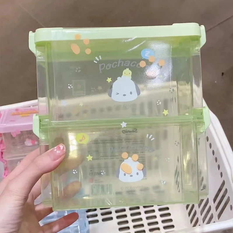 Sanrio Kawaii Cinnamoroll moja melodia dwuwarstwowe plastikowe pudełko do przechowywania na biurko dziewczyny serce Cartoon Pochacco organizator zabawka dla dzieci