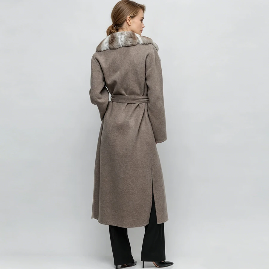 Womens Jackets Cashmere Coat Women Luxury Real Wool Coat With Natural Rex Rabbit Fur Cuffs  Clothes