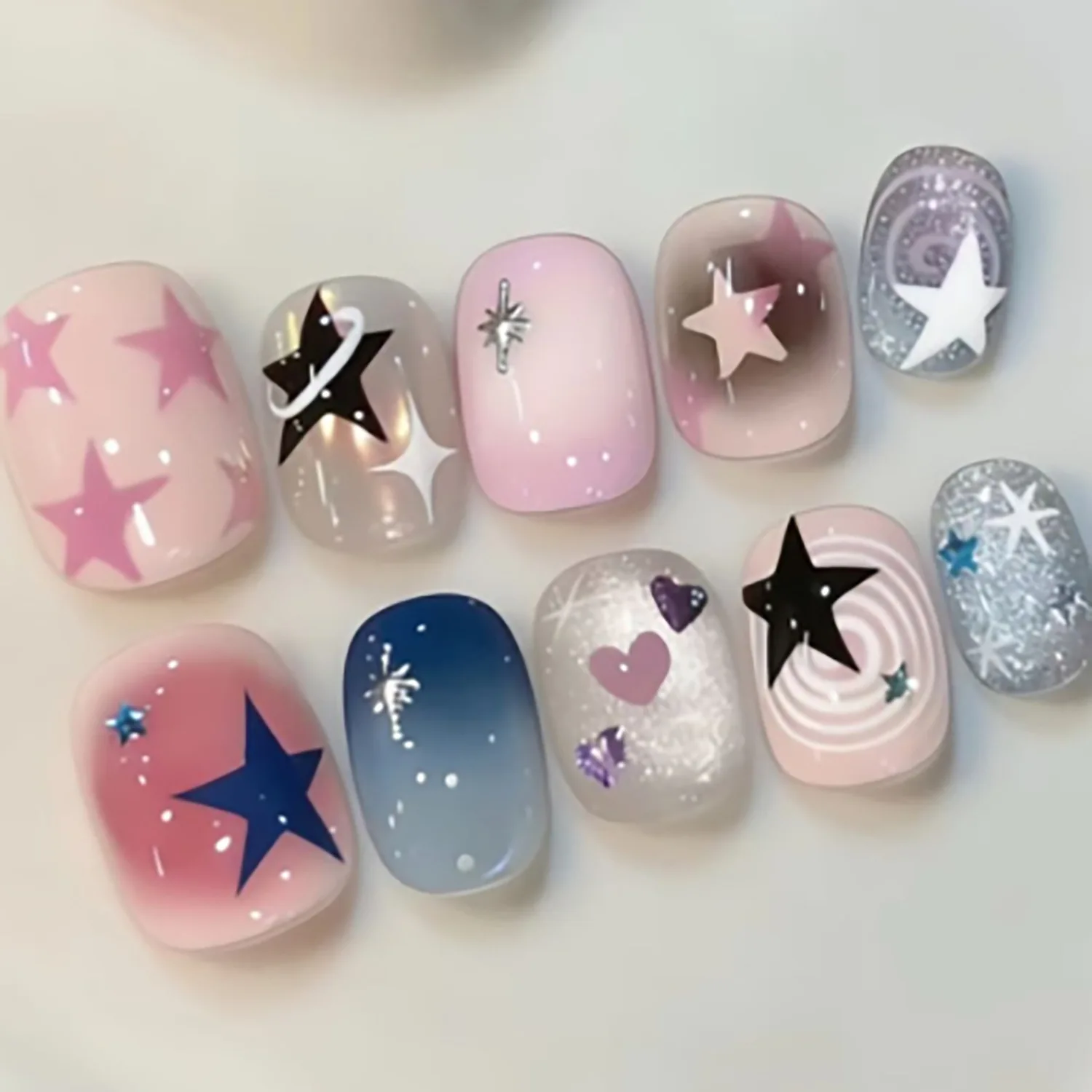 10Pcs Pink Blue Gradient Star Fake Nails Set Press on Sweet Cool Tips Love Cat's Eye Beauty Short Square False Nail Smudge Shiny