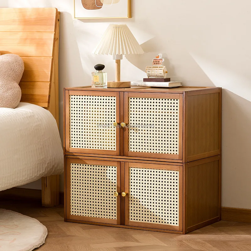 Bamboo Wood Grids Cabinet Stackable Household Storage Cabinet Floating Window Low Storage Box Bedside Cabinet For Bedroom Floor