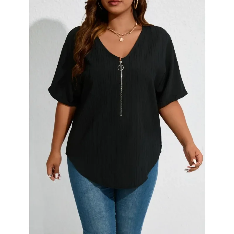 Plus Size Letnia damska bluza z kapturem Prosty jednolity kolor Modna bluza z kapturem z krótkim rękawem i zamkiem błyskawicznym Wakacyjna bluza z