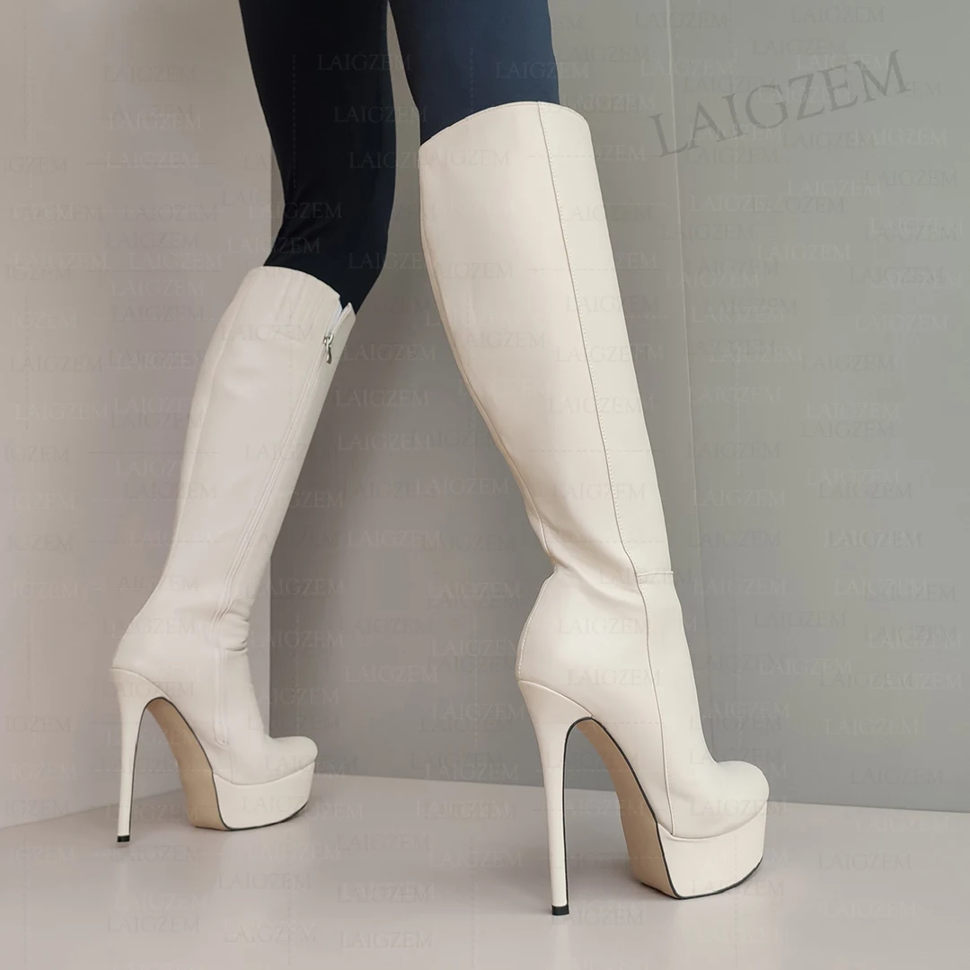 ZHIMA Women Knee High Boots Platform Full Zipper Up Faux Leather Thin High Heels Boots Handmade Shoes Woman Big Size 41 42 44 52