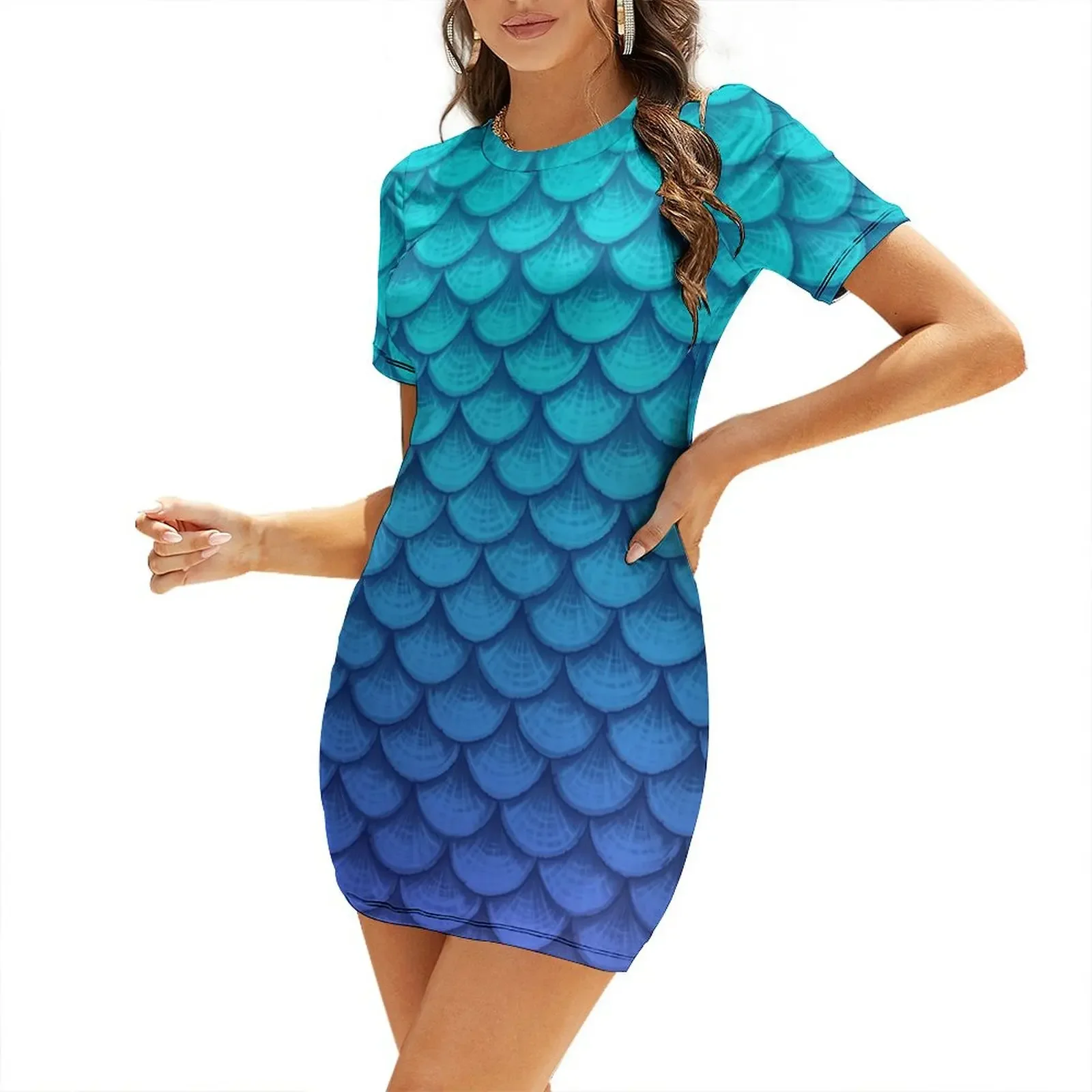 

Mermaid Scales Teal Short-Sleeved Dress wedding dresses for woman summer women's dress 2025 evening dress clothes