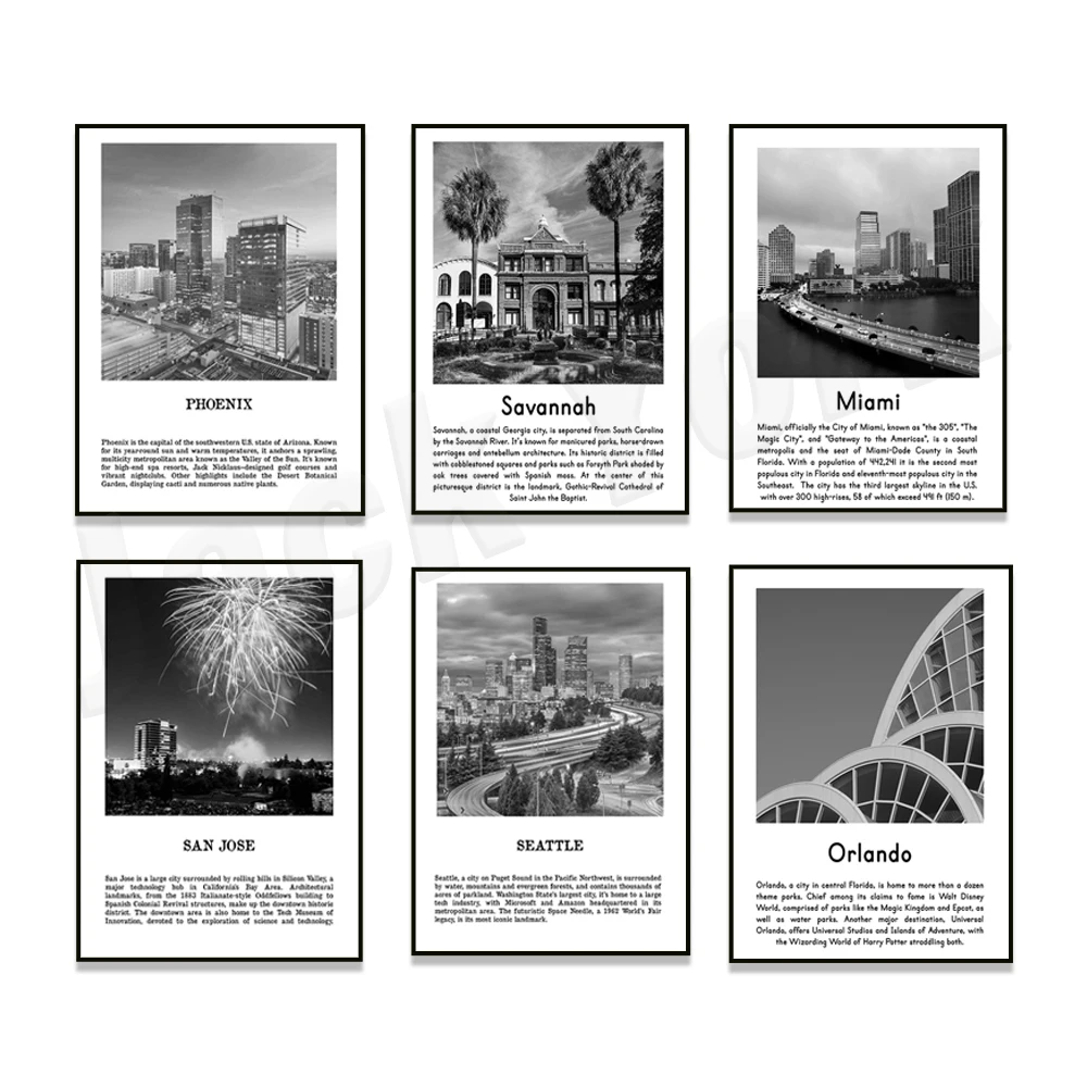 San Diego, San José, San Francisco, Seattle, Miami, Colorado, Orlando, Savannah, Tucson, Miami cartel de viaje blanco y negro