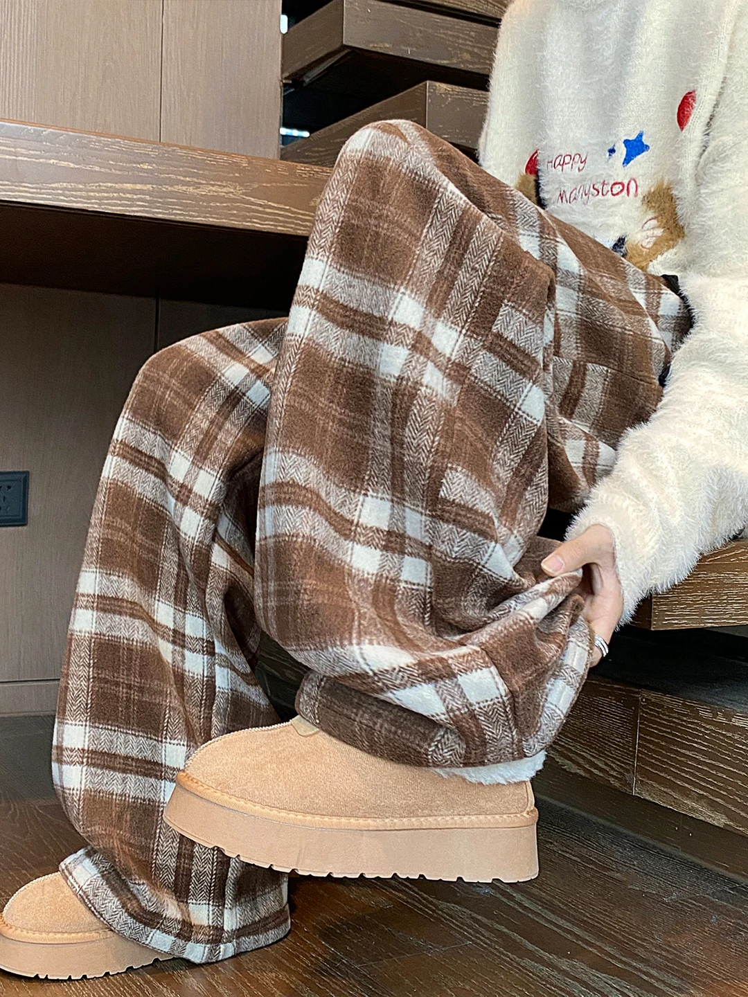 

Retro American Woolen Plaid Pants Men's Winter Faion Brand Fce Lined Thi Straight Leg Sweatpants Warm Casual Long Trou...