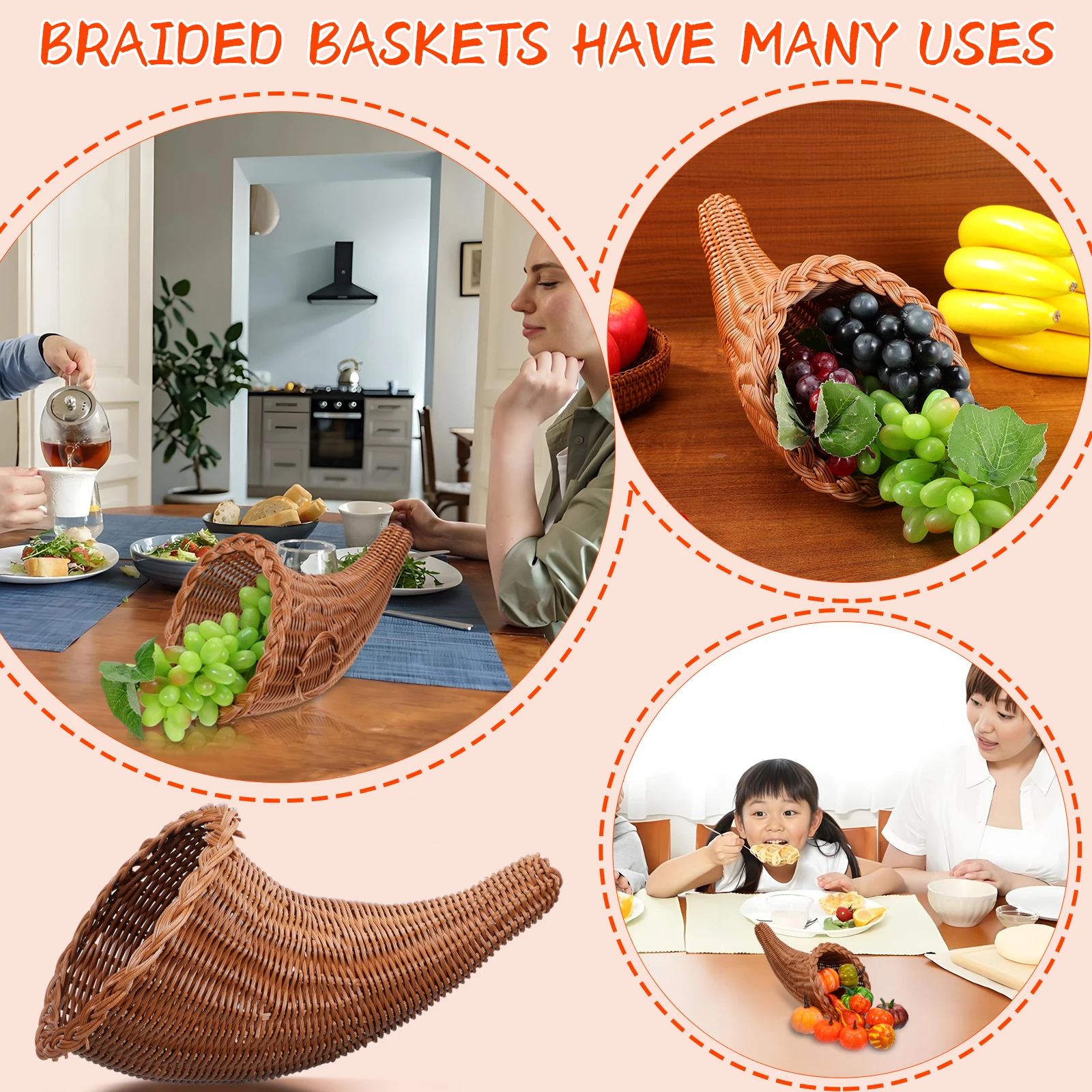 سلة الوفرة الصغيرة اليدوية المنسوجة البقرة القرن سلة متعددة الأغراض الزخرفية سلال الروطان للخبز وجبات خفيفة والفواكه #3