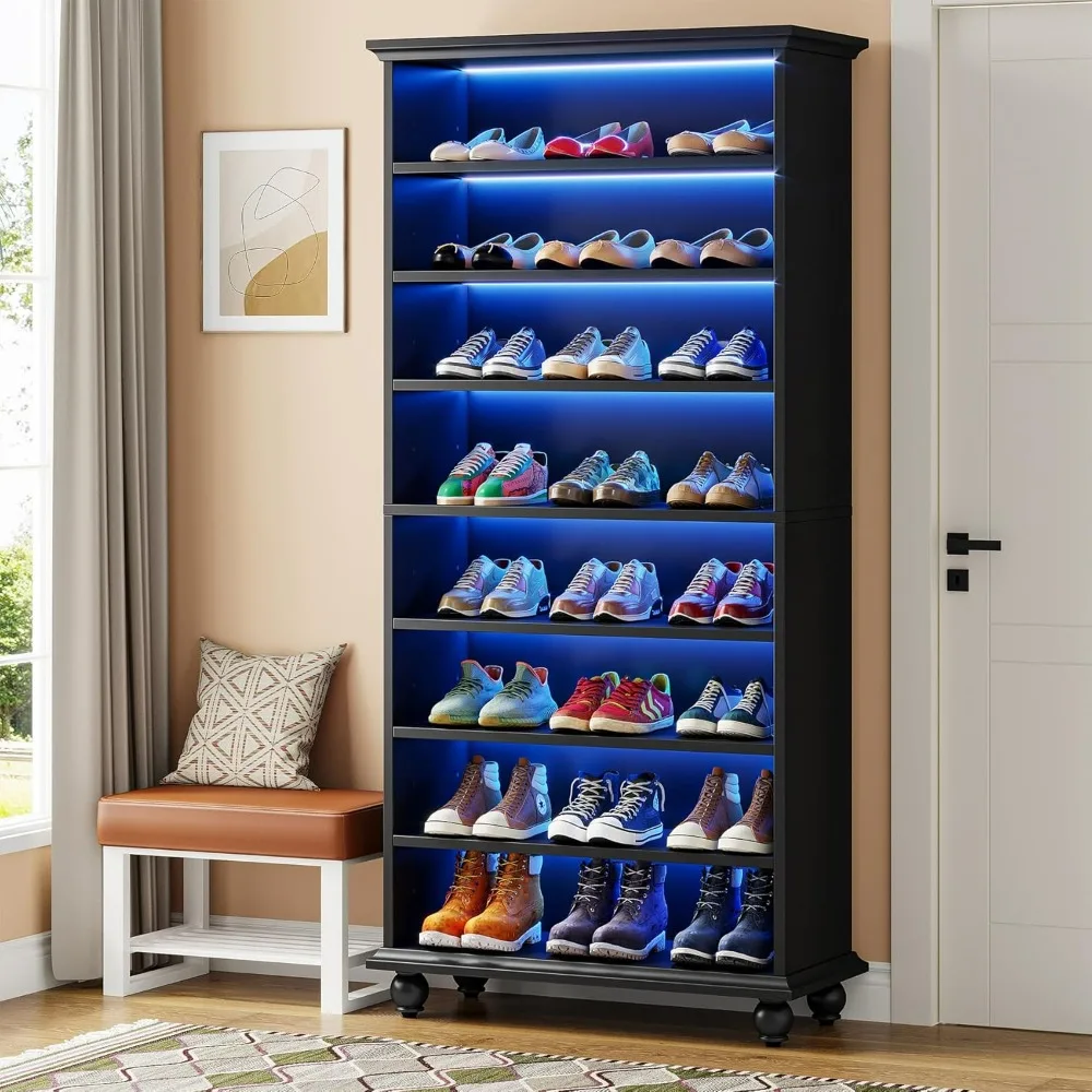 Narrow Tall Shoe Cabinet with LED Lighting, 9-Tier 30 Pairs Freestanding Shoes Storage Cabinet, Wood Shoe Organizer Cabinet